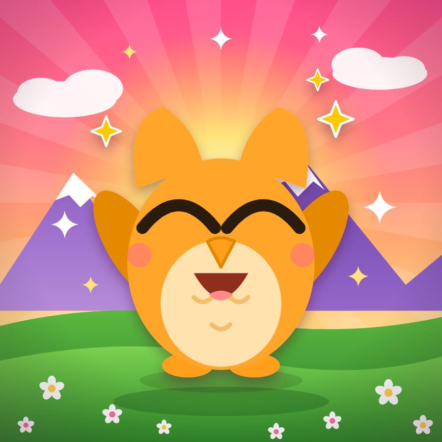 Le hibou de GettHappier, ravi, devant une plaine et des montagnes
